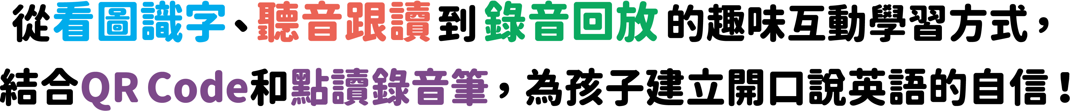 從看圖識字、聽音跟讀到錄音回放的趣味互動學習方式，結合QRCode和點讀錄音筆，為孩子建立開口說英語的自信！