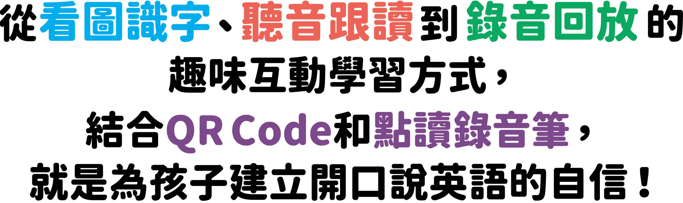 從看圖識字、聽音跟讀到錄音回放的趣味互動學習方式，結合QRCode和點讀錄音筆，為孩子建立開口說英語的自信！